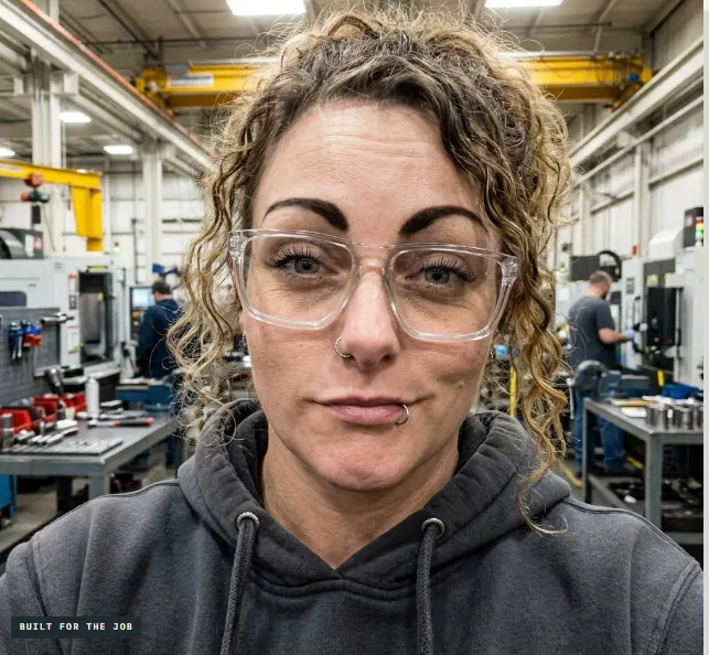 Woman wearing clear safety glasses in a workshop