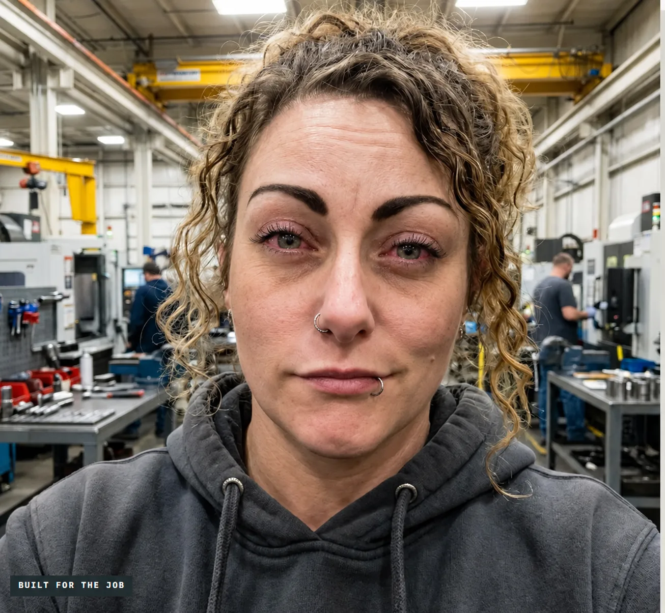Edited version of the same woman without glasses, with mildly irritated-looking eyes