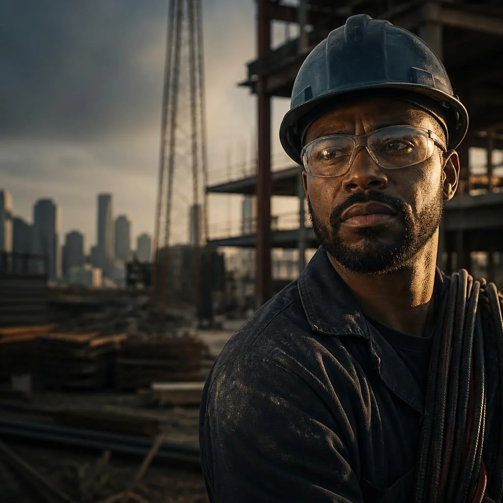 Construction worker wearing clear safety glasses on a job site