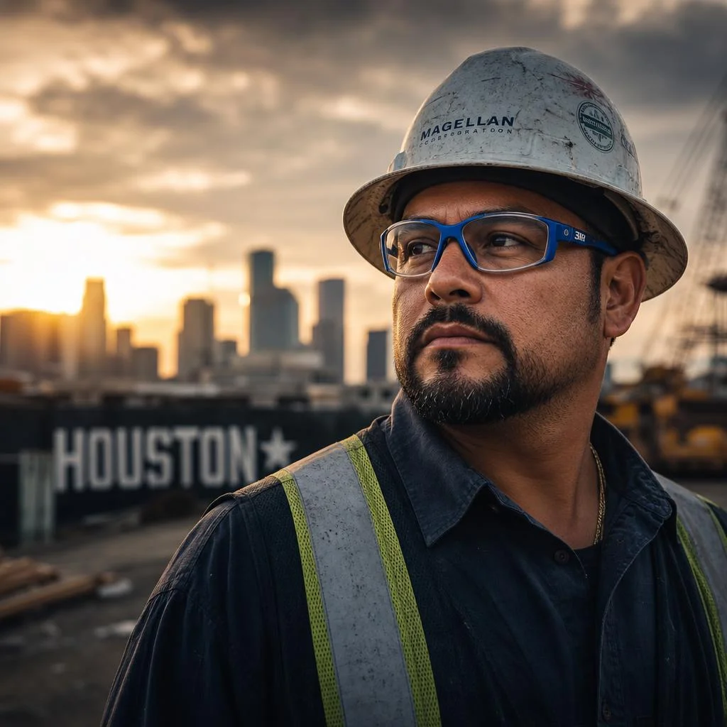 Field technician wearing blue-framed safety glasses at sunset in Houston
