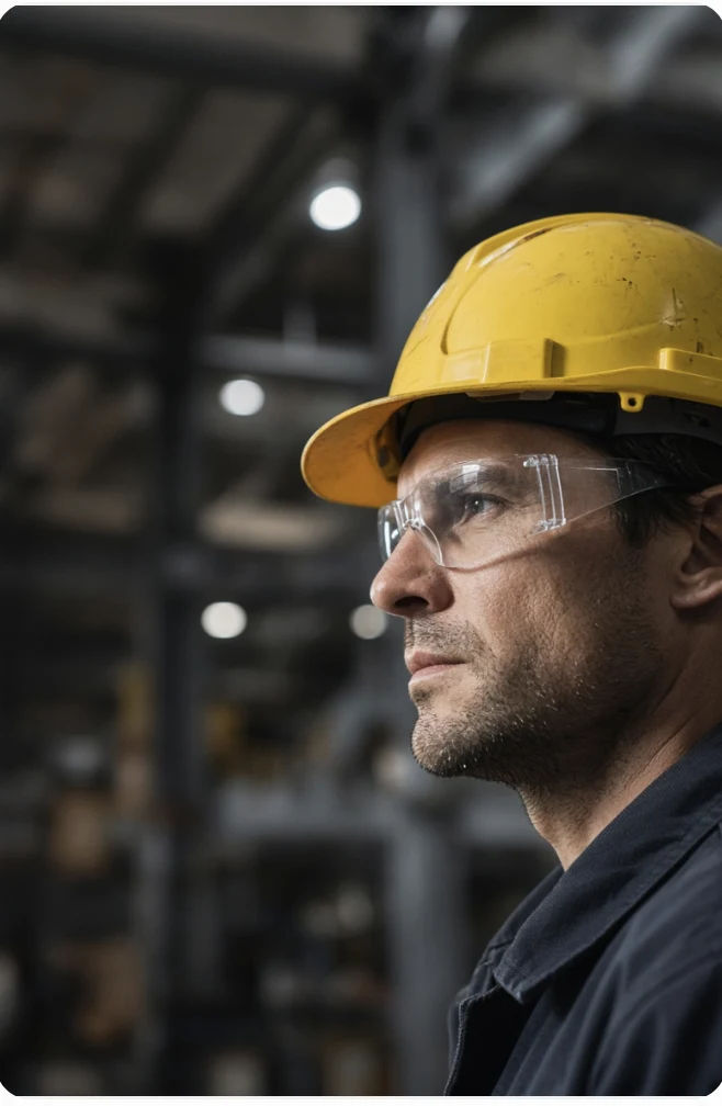 Industrial worker wearing Blue Collar Optics prescription safety glasses