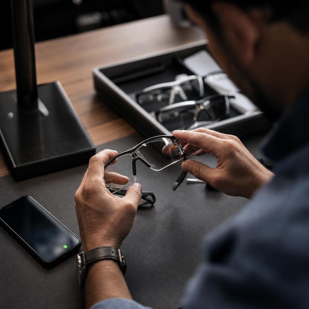 Hands adjusting a pair of frames over a tray at the Houston counter