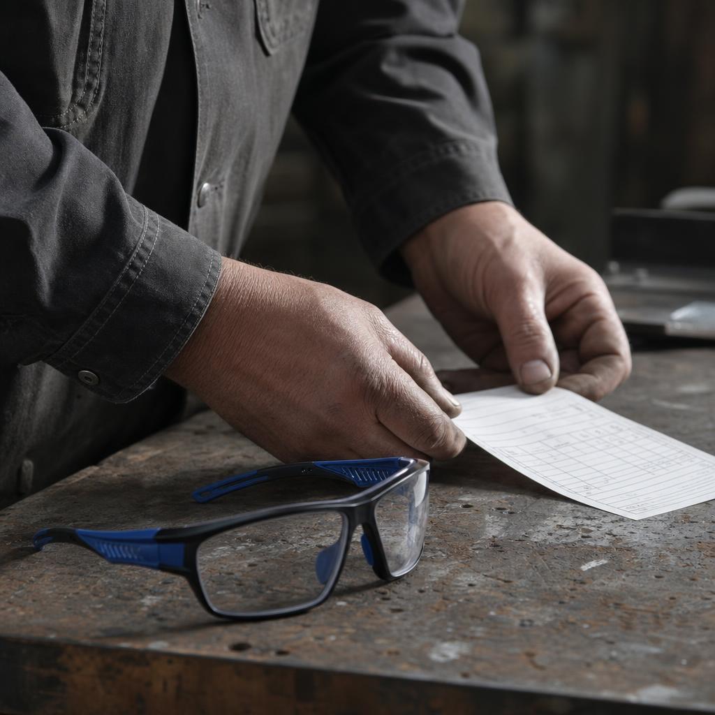 A prescription being checked against a pair of safety frames on the bench