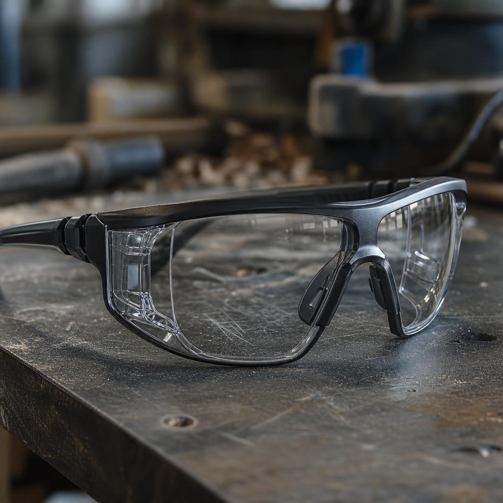 An impact-rated safety frame resting on a workshop bench